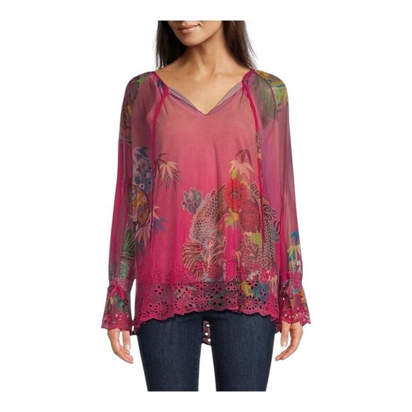 Johnny Was Tops - JOHNNY WAS Mazzy Floral Print Embroidered Mesh Large Split V-Neck Peasant Blouse